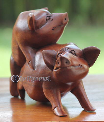 Wooden Pig Carving, Handmade From Suar Wood