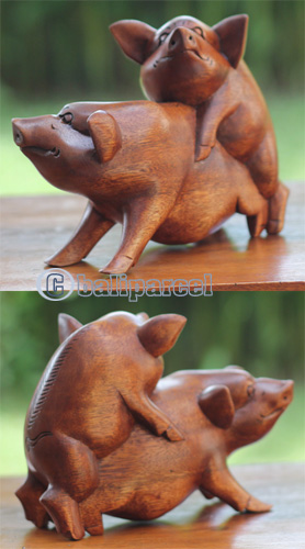 Wooden Pig Carving, Handmade From Suar Wood