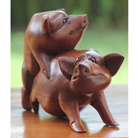 Wooden Pig Carving, Handmade From Suar Wood