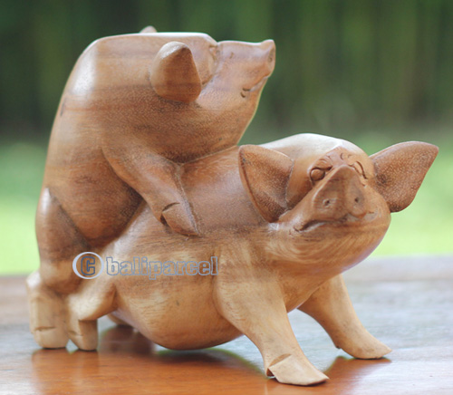 Wooden Pig Carving, Handmade From Suar Wood