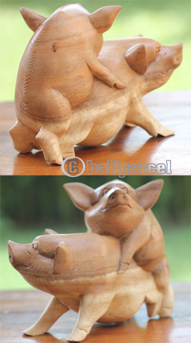 Wooden Pig Carving, Handmade From Suar Wood