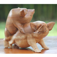 Wooden Pig Carving, Handmade From Suar Wood