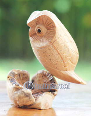 Wooden Owl With Parasite, Handmade From Hibiscus Wood