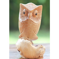 Wooden Owl With Parasite, Handmade From Hibiscus Wood