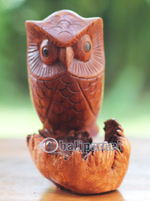 Wooden Owl With Parasite, Handmade From Hibiscus Wood