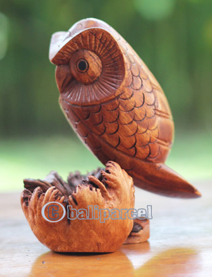 Wooden Owl With Parasite, Handmade From Hibiscus Wood