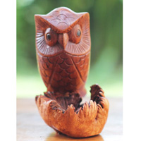Wooden Owl With Parasite, Handmade From Hibiscus Wood