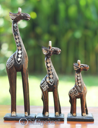 Wooden Giraffe Set Of 3, Hand Carved From Albesia Wood