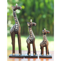 Wooden Giraffe Set Of 3, Hand Carved From Albesia Wood