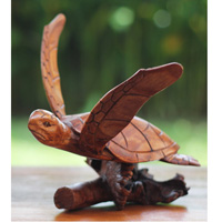 Wooden Turtle With Parasite, Handmade From Hibiscus Wood
