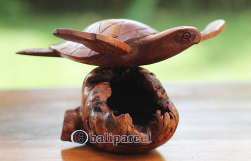 Wooden Turtle With Parasite, Handmade From Hibiscus Wood
