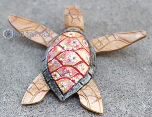 Wooden Turtle With Painted, Handmade From Albesia Wood