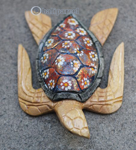 Wooden Turtle With Painted, Handmade From Albesia Wood