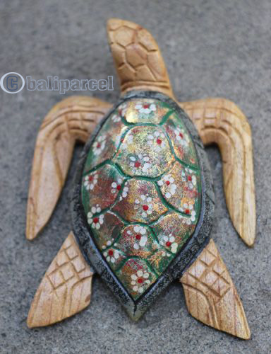 Wooden Turtle With Painted, Handmade From Albesia Wood
