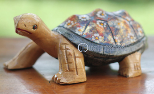 Wooden Tortoise With Painted, Handmade From Albesia Wood