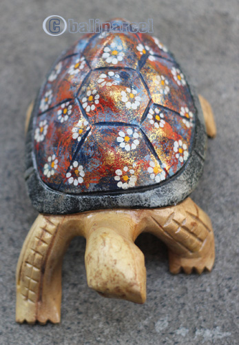 Wooden Tortoise With Painted, Handmade From Albesia Wood