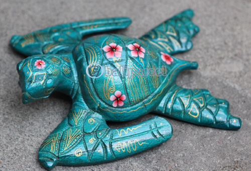Wooden Turtle With Painted, Handmade From Albesia Wood