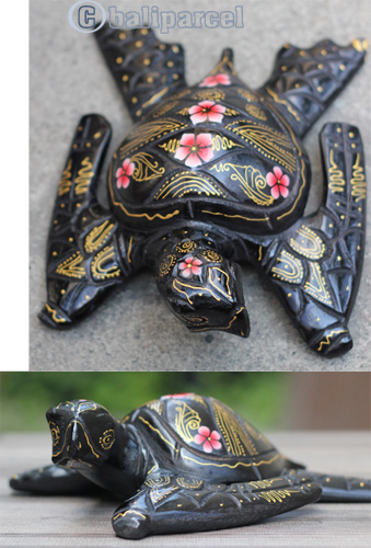 Wooden Turtle With Painted, Handmade From Albesia Wood