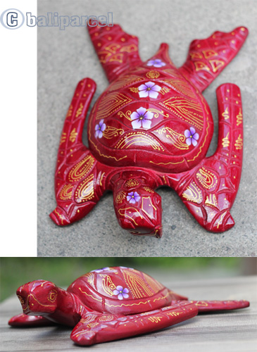 Wooden Turtle With Painted, Handmade From Albesia Wood