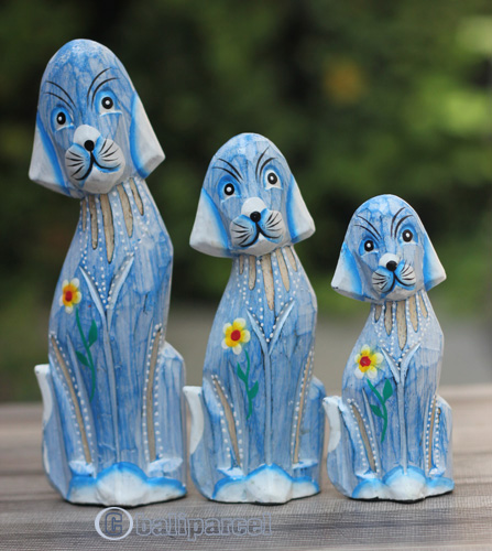 Wooden Dog Set Of 3 With Painted, Handcarved From Albesia Wood