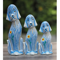 Wooden Dog Set Of 3 With Painted, Handcarved From Albesia Wood