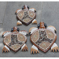 Wooden Turtle Set Of 3 With Painted, Handmade From Albesia Wood Inlaid With Sandstone