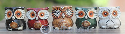 Wooden Owl Set Of 5 With Painted, Handmade From Albesia Wood