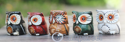 Wooden Owl Set Of 5 With Painted, Handmade From Albesia Wood