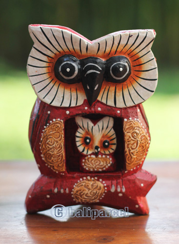 Wooden Owl With Baby Painted, Handmade From Albesia Wood