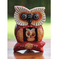 Wooden Owl With Baby Painted, Handmade From Albesia Wood