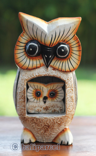Wooden Owl With Baby Painted, Handmade From Albesia Wood