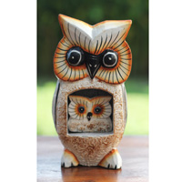 Wooden Owl With Baby Painted, Handmade From Albesia Wood