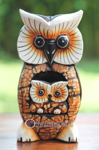 Wooden Owl With Baby Painted, Handmade From Albesia Wood
