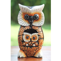 Wooden Owl With Baby Painted, Handmade From Albesia Wood