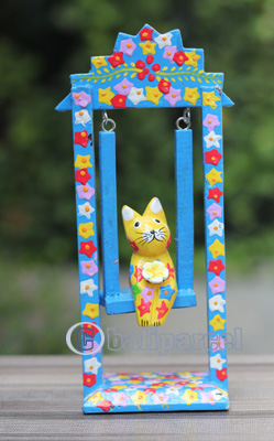 Wooden Cat With Painted, Handmade From Albesia Wood