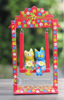 Wooden Cat With Painted, Handmade From Albesia Wood