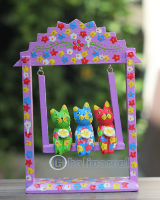 Wooden Cat With Painted, Handmade From Albesia Wood