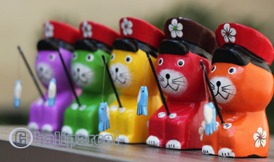 Wooden Cat With Painted, Handmade From Albesia Wood
