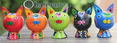 Wooden Cat With Painted, Handmade From Albesia Wood