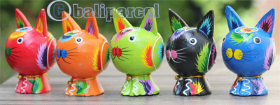Wooden Cat With Painted, Handmade From Albesia Wood
