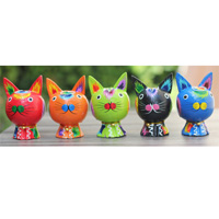 Wooden Cat With Painted, Handmade From Albesia Wood