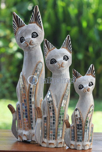 Wooden Cat Set Of 3 With Painted, Handmade From Albesia Wood