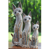 Wooden Cat Set Of 3 With Painted, Handmade From Albesia Wood