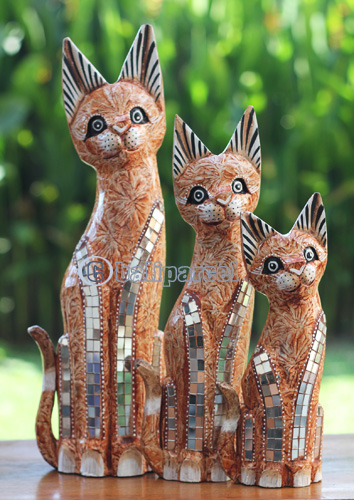 Wooden Cat Set Of 3 With Painted, Handmade From Albesia Wood