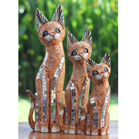 Wooden Cat Set Of 3 With Painted, Handmade From Albesia Wood