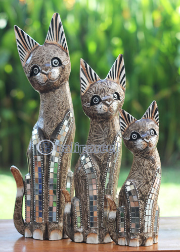 Wooden Cat Set Of 3 With Painted, Handmade From Albesia Wood