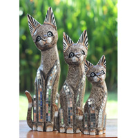 Wooden Cat Set Of 3 With Painted, Handmade From Albesia Wood