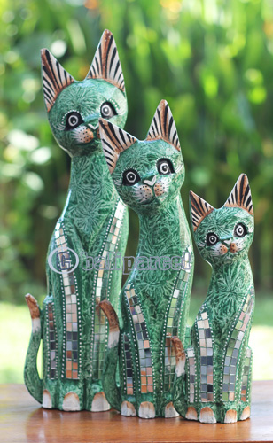 Wooden Cat Set Of 3 With Painted, Handmade From Albesia Wood