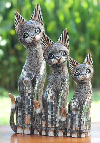 Wooden Cat Set Of 3 With Painted, Handmade From Albesia Wood