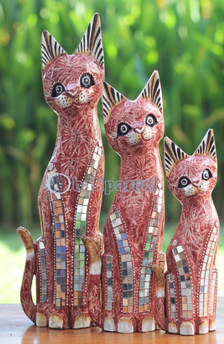 Wooden Cat Set Of 3 With Painted, Handmade From Albesia Wood
